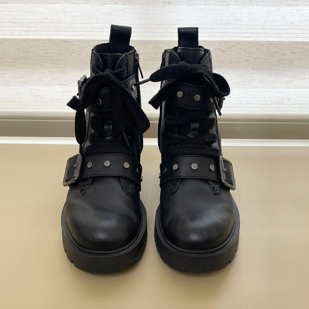 Ugg Zorrah Boots 6 Moto Combat Black Leather Silver Studs Side Zip Strap Buckle - Picture 3 of 16